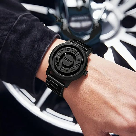 Futuristic watch with magnetic dial